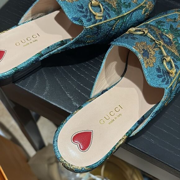 Gucci Princetown Slipper Slides Blue Gold Horsebit Mules - Picture 9 of 10